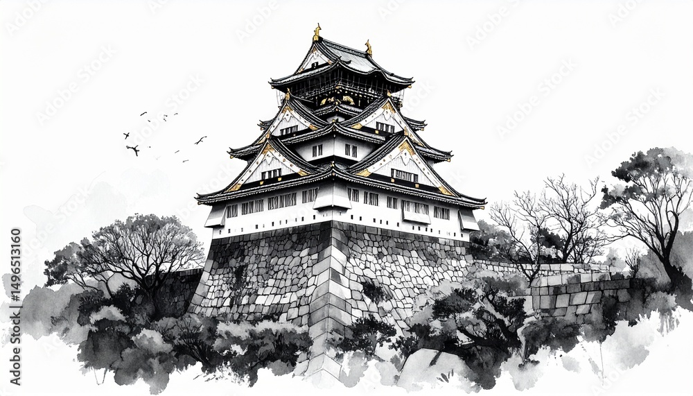 Fototapeta premium Custom AI Model,水墨画で描かれた大阪城の力強い風景