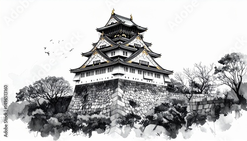 Custom AI Model,水墨画で描かれた大阪城の力強い風景 photo