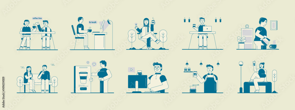 Obraz premium Coffee time illustration set. Flat vector illustration concept.