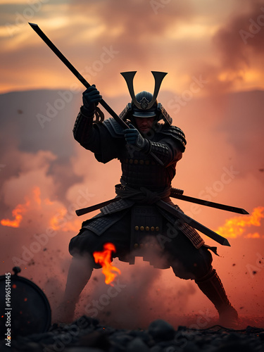 Fierce samurai warrior battling in smoke and flames at dusk in feudal japan.