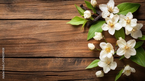 Top view of jasmine flowers and vanilla on a rustic wooden background. Ideal for blogs, cards, invites, or product mockups. photo