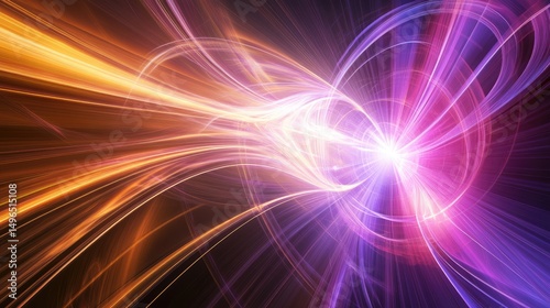 Abstract swirling light streams in orange, purple, and pink hues converge at a bright central point against a dark background