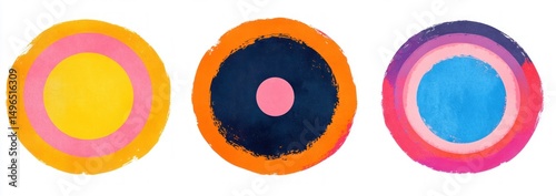 Three colorful abstract concentric circles painted with rough brush strokes on a white background conveying vibrancy and artistic expression