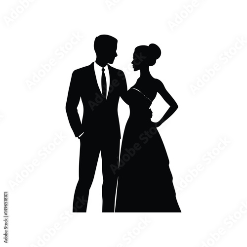Elegant black silhouette of a couple standing together formal wear wedding concept