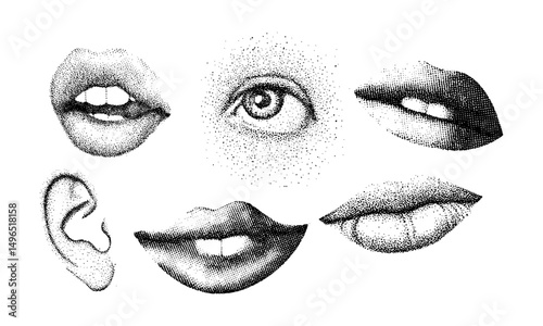eye, mouth, ear. Y2k elements for design. trendy elements with a retro photocopy effect. grain effect and stippling. vector dots texture