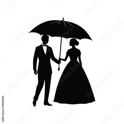 Elegant silhouette of a bride and groom holding umbrella wedding celebration concept
