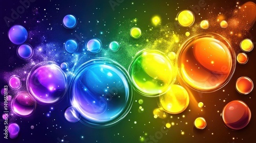 Vibrant rainbow orbs float in a cosmic, sparkling background