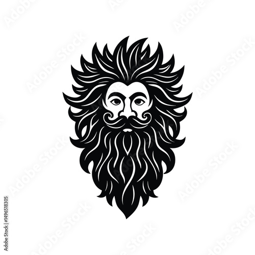 Majestic black and white illustration of a bearded man with flowing hair and moustache