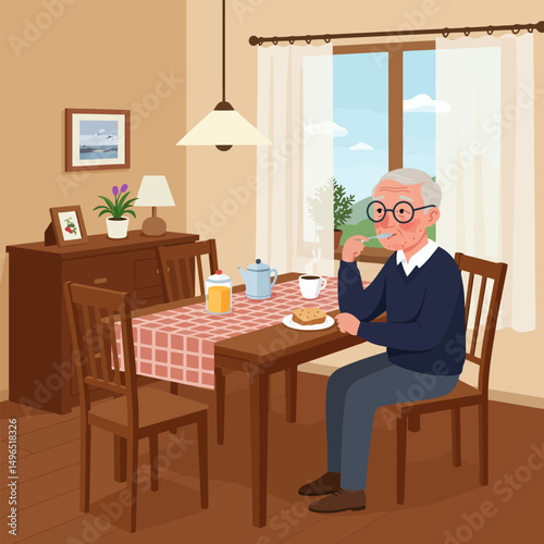 Man Eating Breakfast at Table in Bright Cozy Dining Room