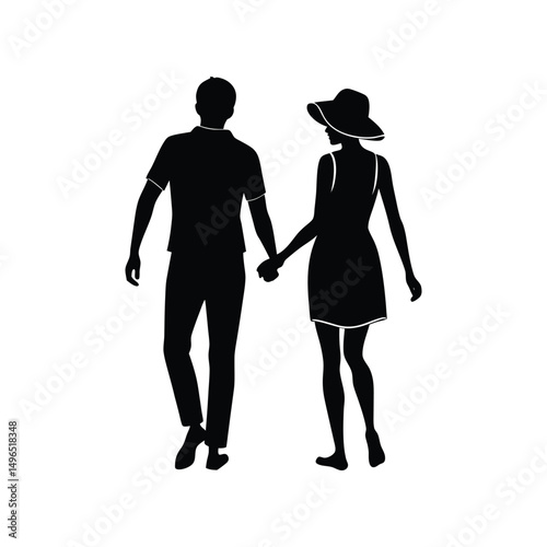 Romantic couple holding hands walking silhouette isolated on white background