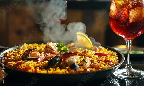 A Hearty Plate of Seafood Paella with Chilled Sangria, Celebrating the Flavors of Spanish Cuisine