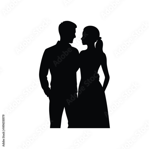 Silhouette of a loving couple embracing standing close together on a white background