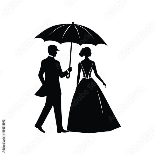 Silhouette of a couple walking together under an umbrella in elegant fashion