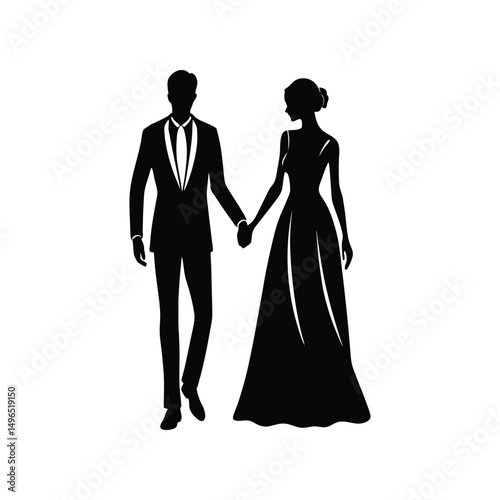 Silhouette of a newly wed couple holding hands on their wedding day together