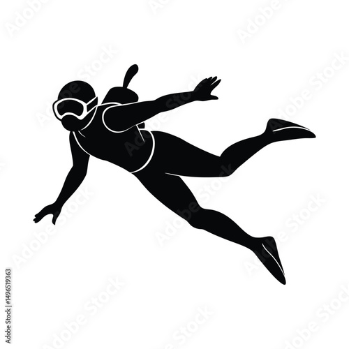 Silhouette of a skydiver in midair with goggles and parachute equipment