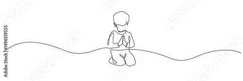 one continuous line of child praying.single line cartoon child praying seriously.line art vector illustration.eps 10