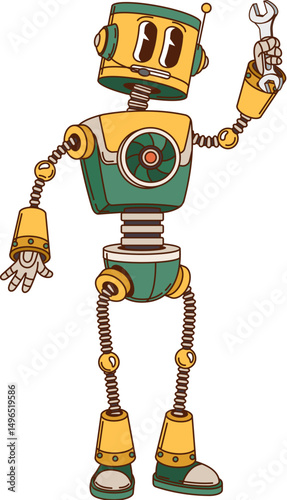 Groovy robot or droid and retro cartoon robotic transformer, vector character. Groovy robot with funny face and spanner wrench in hand, comic retro robot or mechanic droid and cyber hipster droid