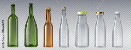 Realistic glass bottles of alcohol drinks and beverages with lids, vector mockup objects. Realistic empty glass bottles of green, brown and transparent glass, wine, beer or lemonade and sauce bottles