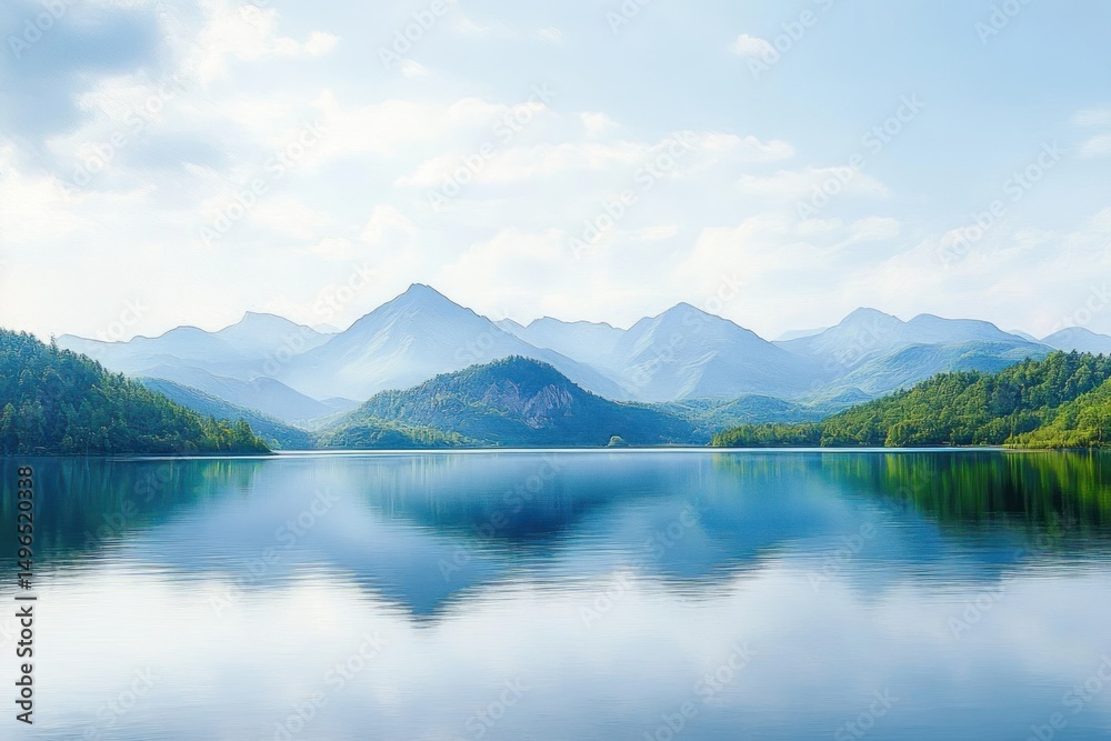 Calm lake reflecting surrounding forested hills and distant mountain range under a soft, cloudy sky Calm lake reflecting surrounding forested hills and distant mountain range under a soft, cloudy sky