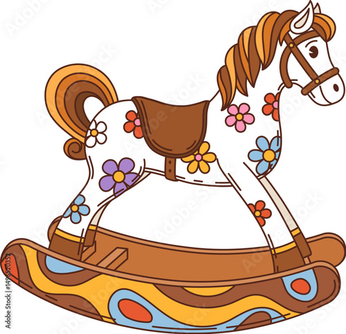 Cartoon vintage rocking horse, retro groovy kids toy character with floral patterns, painted wooden base, saddle and flowing mane. Isolated vector nostalgic and classic animal wood toy for children