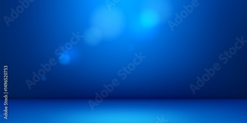 Blue empty room bg with light on wall for studio podium, vector background. Empty room interior bg with floor for product display with shadow and sunlight or spotlight bokeh light effect on blue wall
