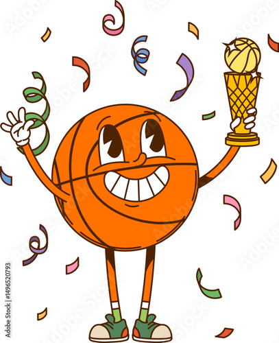 Cartoon groovy sport basketball ball character celebrating victory, holds a golden trophy while confetti falls around, emphasizing excitement, success, and sportsmanship in a sporty fun competition