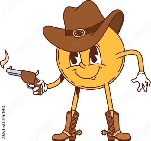 Cartoon groovy wild west cowboy yellow smile character holding a steaming gun. Isolated vector emoji western retro personage with happy smiling face emotions, donning rancher hat, gloves and boots