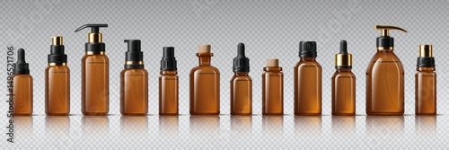 Realistic amber glass bottles, mockup containers of empty cosmetic bottles, vector set. Realistic brown amber glass bottles and vials with pump lid or dropper caps of cosmetic cream, serum or lotion
