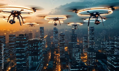 Several illuminated drones fly above a futuristic cityscape at dusk, suggesting technological advancement or surveillance. photo