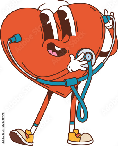 Cartoon groovy human heart body organ medicine character using a stethoscope to check its own heartbeat. Vector happy and healthy anatomical cardiovascular system personage with cute smiling face