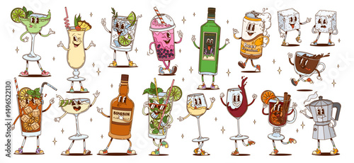 Hippie groovy cocktail drink and beverage characters. Vector funny glasses of wine, mojito, margarita and gin tonic alcohol drink cocktails. Psychedelic groovy beer, coffee and bubble tea characters