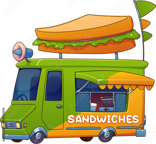 Food truck car or street festival van with sandwiches, vector cartoon mobile cafe. Street food truck or booth kiosk with sandwich sign on roof, fast food vendor van or shop truck cart with megaphone