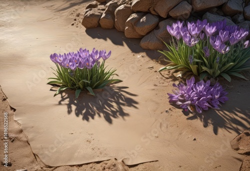 Sunlit crocuses and hyacinths emerge on rough-hewn paper  , vibrant, textured, blossom