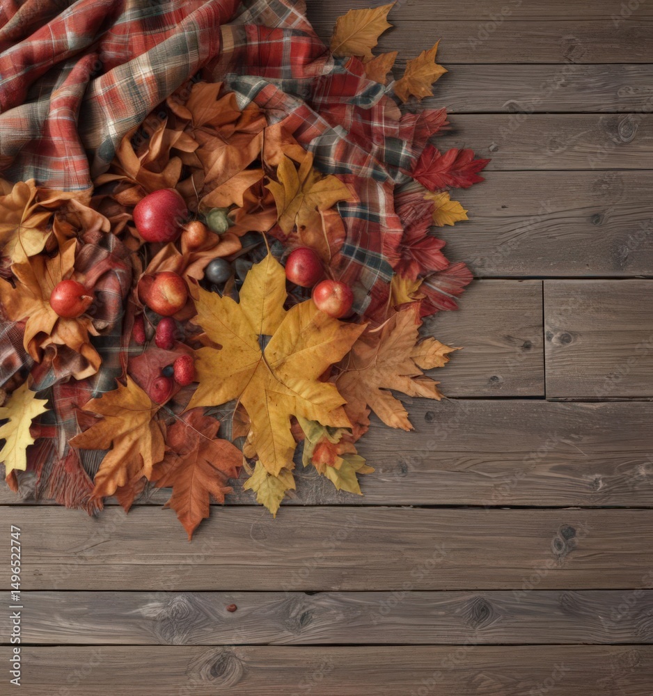 Obraz premium Pile of autumn leaves, ripe fruit, and a piece of vintage plaid cloth on weathered wood , image, texture