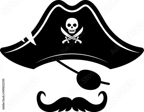 Pirate captain photo booth mask with tricorn hat, eye patch and mustache. Vector black silhouette with skull and crossed swords for captain, corsair or buccaneer disguise on party or costume game