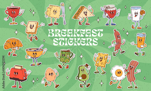 Retro groovy breakfast food dishes and drinks cartoon characters stickers pack. Vector hippie psychedelic toast, coffee, egg and bacon, croissant and cereals. Groovy cheese sandwich, sausage and tea