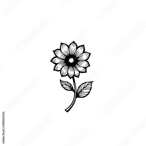 Monochrome botanical illustration of a stylized sunflower with textured petals