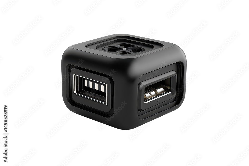 Fototapeta premium A compact black USB hub offers versatile charging for modern devices promising seamless on transparent background
