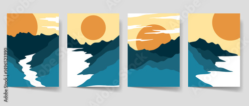 Retro sunset paradise beach poster set. Vintage summer sunshine beach cover collection for print and decoration. Coastline sand and ocean water template bundle