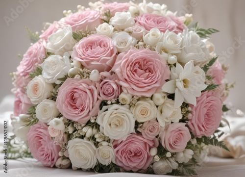 Luxurious pink and white wedding bouquet cradled gently, flowers, petals