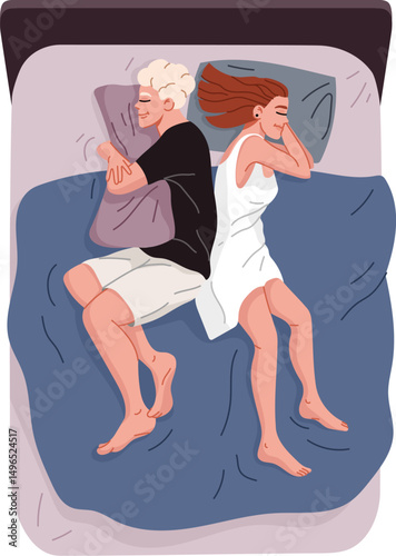 Couple sleeping back to back in bed, top down view. Cartoon flat vector scene exudes peaceful atmosphere with relaxed body language showing comfort, routine, and intimacy in shared sleep space