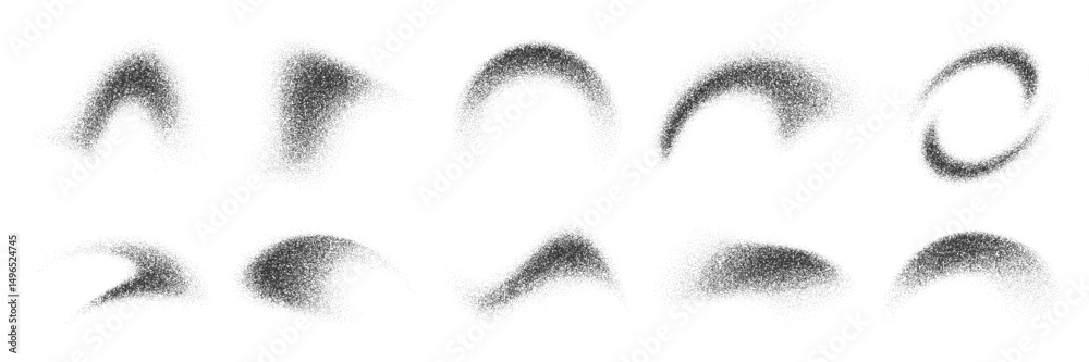Dust noise grain wave spray and sand powder abstract shapes with dotwork texture, vector set. Wave shapes with noise grain or dust powder and sand particles spray effect or dotwork stipple gradient