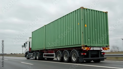 A large green shipping container on a white truck trailer traveling down a highway