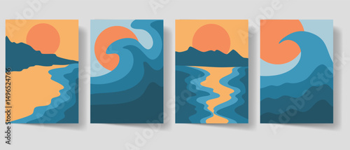 Sunset paradise beach poster set. Summer sunshine beach cover collection for print and decoration. Coastline sand and ocean water template bundle