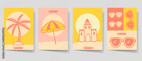 Retro beach poster set. Vintage beach cover collection for print and decoration. Sand beach illustration template bundle
