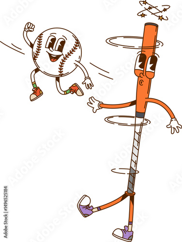 Cartoon groovy retro baseball ball and bat sport characters with expressive faces and playful interaction. Cool vector y2k sports equipment personages with fun with energetic hippie retro vibes