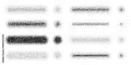 Stipple noise grain brushes or spray stroke texture with sand dust or powder effect, vector set. Noise grain scatter brush templates for drawing, stipple dots or dotwork with particle spray gradient