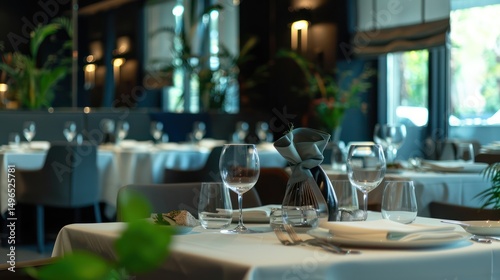 Fine dining restaurant with elegant table settings and ambient lighting.