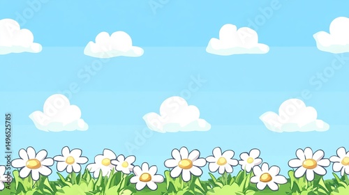 Daisies blooming under sunny sky, idyllic spring scene, website banner