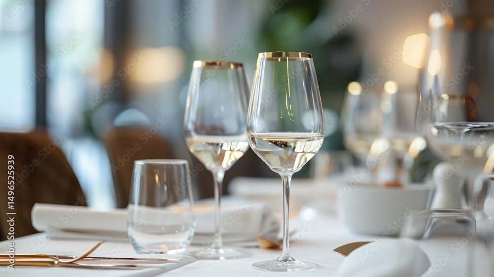 Gold-rimmed glassware set against a sophisticated table setting. Gold-rimmed glassware set against a sophisticated table setting.